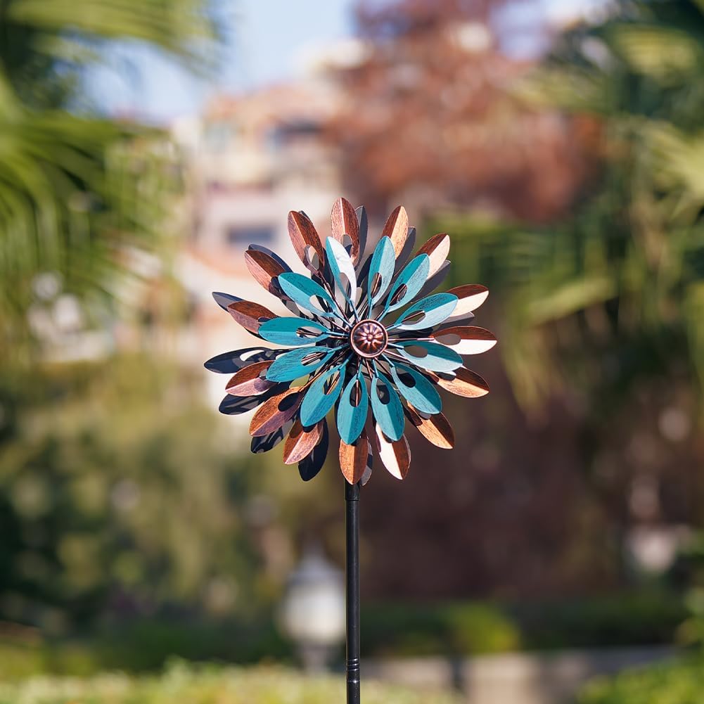 VEWOGARDEN 360° Outdoor Metal Wind Spinners Kinetic Wind Sculptures & Spinners for Yard Garden Lawn Patio Decorations, Blue & Bronze