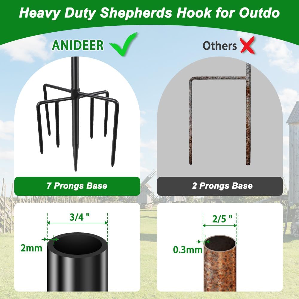 84" Shepherds Hooks for Outdoor, Heavy Duty Garden Bird Feeder Pole Hanging Bird Feeder, Solar Light Lanterns, Outdoor Plant Hanger Hook with 7 Base Prongs, 2 Packs