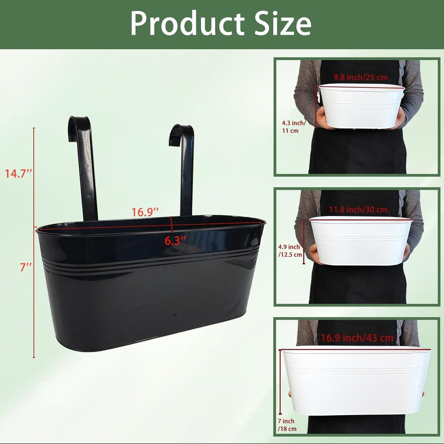 Hanging Planters for Outdoor Plants, 17" Railing Planter Pots, Metal Fence Flower Pot for Porch Balcony with Detachable Hook (Black, Pack of 2)