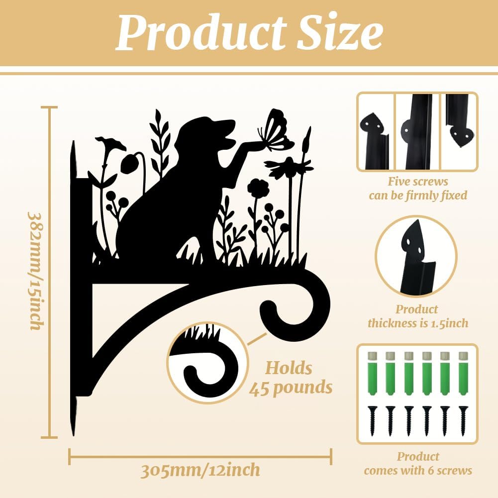 Peacoblue Iron Plant Hangers Holder for Outdoor Indoor Hanging Plants Fern Pots, Lantern, Bird Feeder, Wind Chimes, 12”x14” Dog Weather Resistant Metal Wall Brackets Hooks for Porch, Garden, Home(Dog)