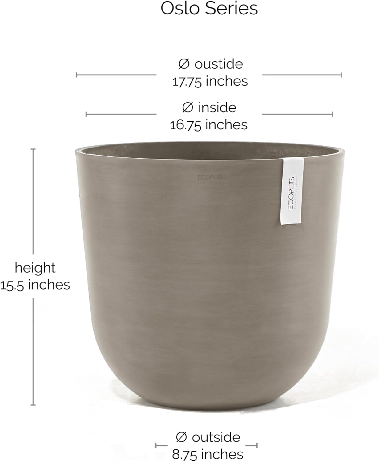 Ecopots Oslo Durable Modern Round Indoor/Outdoor Recycled-Based Composite Flower Pot Planter, Taupe, 17.75"