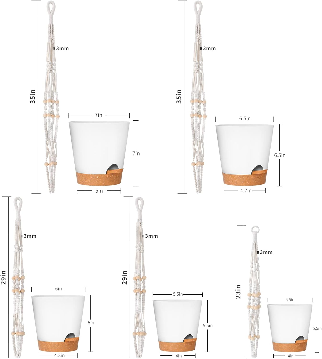 GARDIFE Hanging Planters for Indoor Plants,5Pcs Hanging Basket for Indoor Boho Home Decor,Macrame Plant Hanger,35 Inches,29Inch,23Inch, Ivory,Self Watering Planters, 7/6.5/6/5.5/5 Inch,White&White