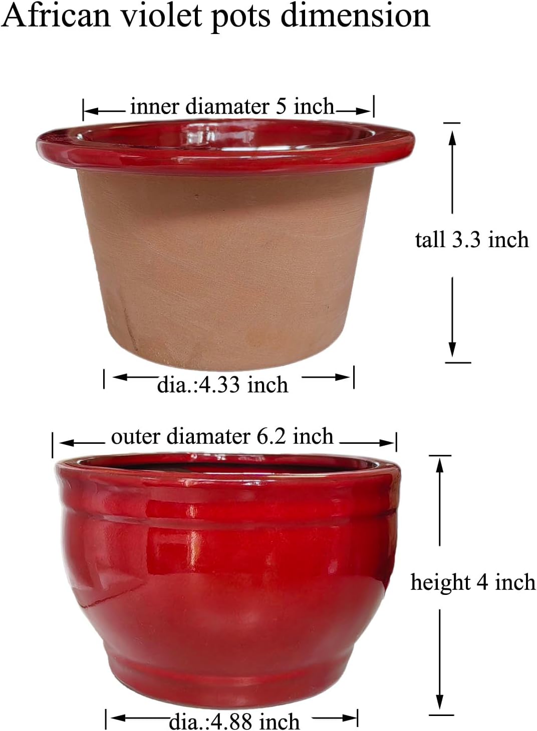 African Violet Pots Self Watering Round Ceramic Violet Pot (red, 6 inch)