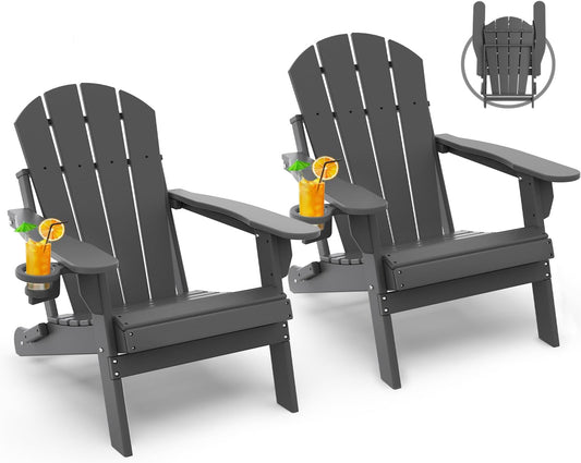 GREENVINES Folding-Adirondack-Chairs-Set-of-2 | HDPE Plastic | Fire Pit Chair | All Weather | Cup Holder | Grey | for Deck Backyard Patio Outdoor Garden