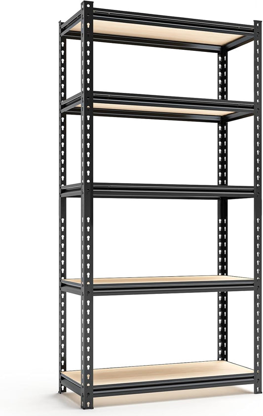 5-Tier Adjustable Metal Storage Shelves, Heavy Duty Garage Shelving 60" H x 28" W x 12" D, Shelving Unit Rack for Kitchen, Classroom, Dormitory, Basement & Warehouse (Black)