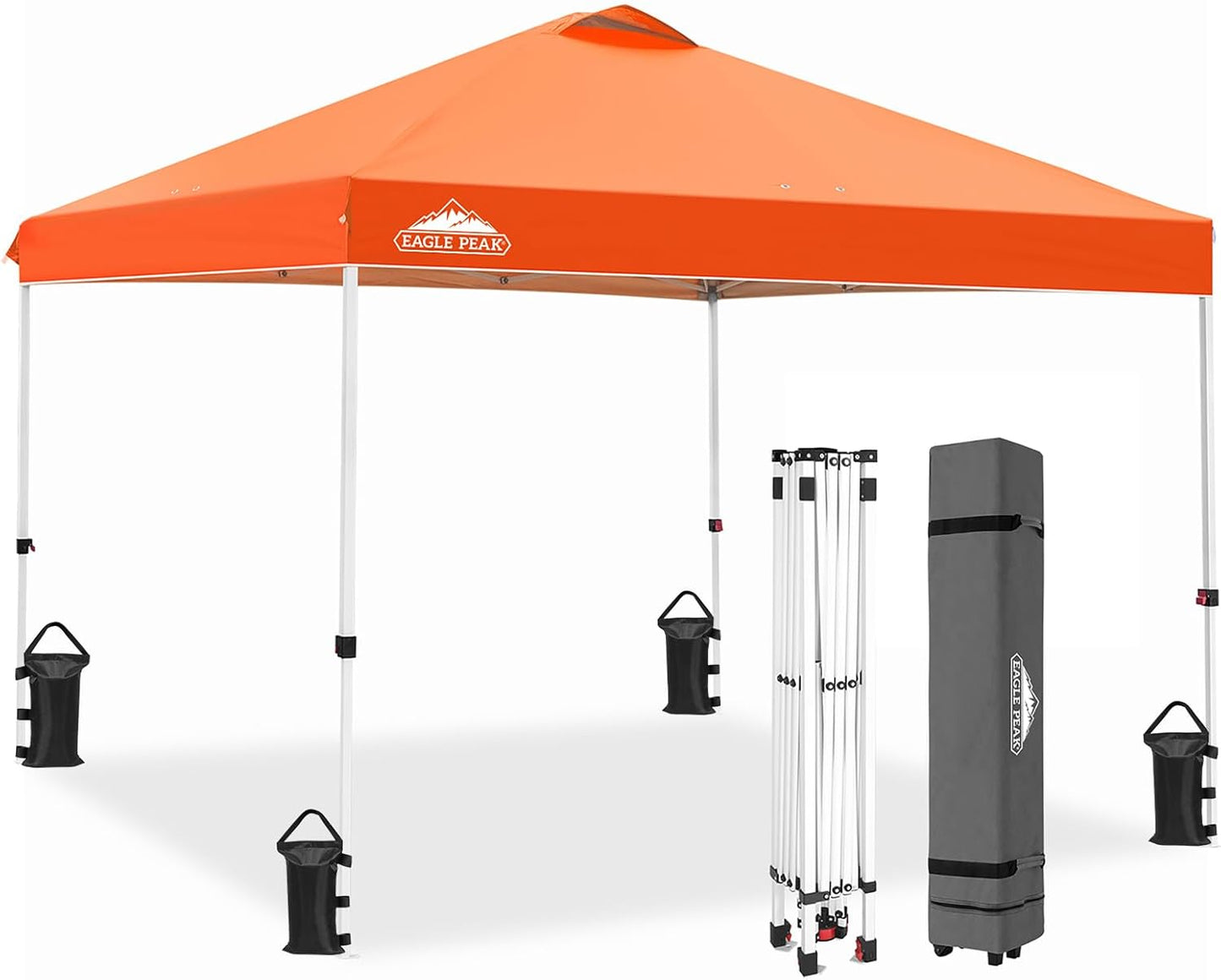 EAGLE PEAK Pop Up Canopy Tent with Wheeled Carry Bag, 8 Stakes, 4 Ropes, 4 Weight Bags, Easy Set Up Tent Canopy, 10x10 ft, 100sqft of Shade, Orange