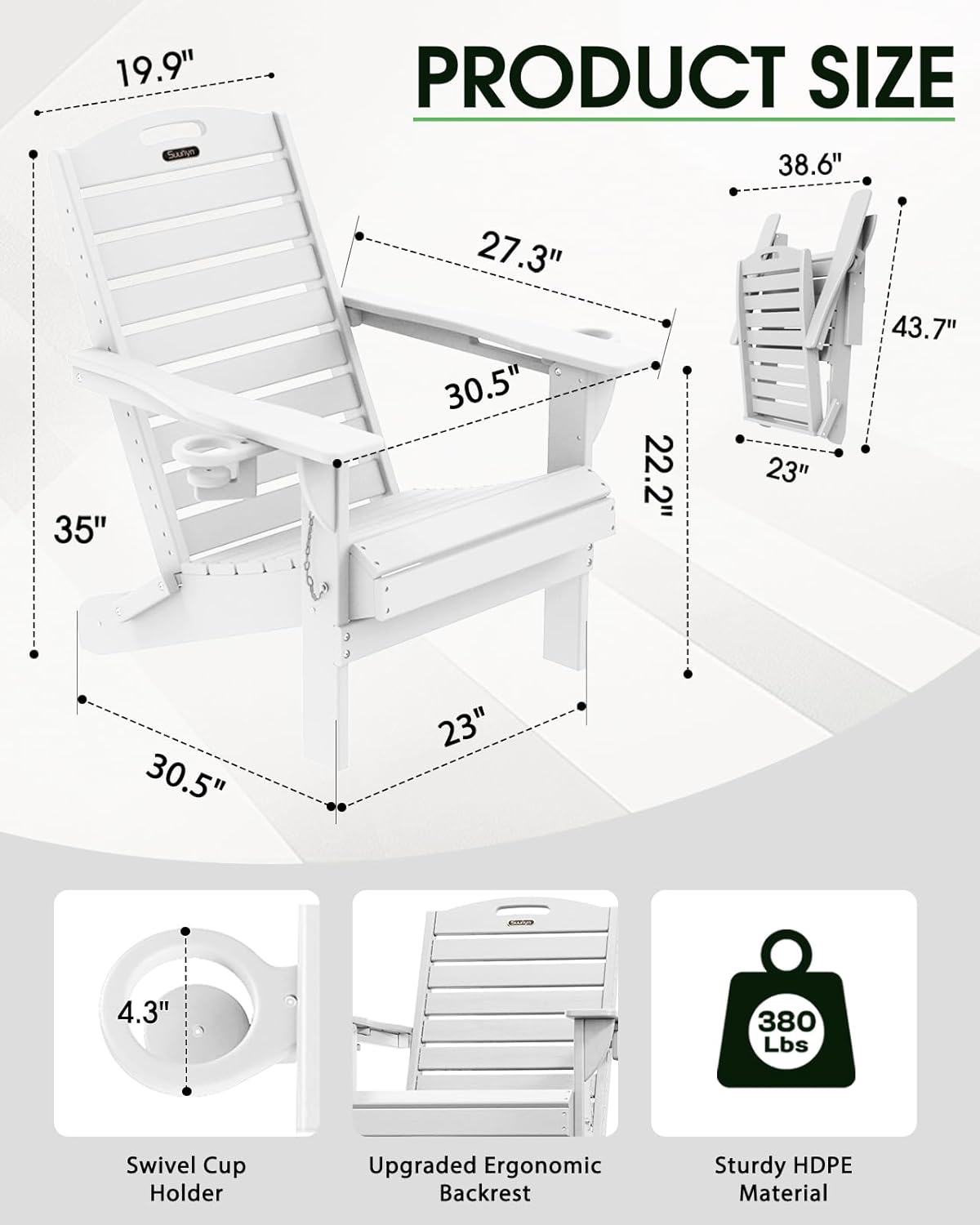 Adirondack Chairs Set of 6, Outdoor Fire Pit Chairs, HDPE All-Weather Adirondack Chairs with Cup Holder, Lawn Chair for Deck, Patio, Garden (White)