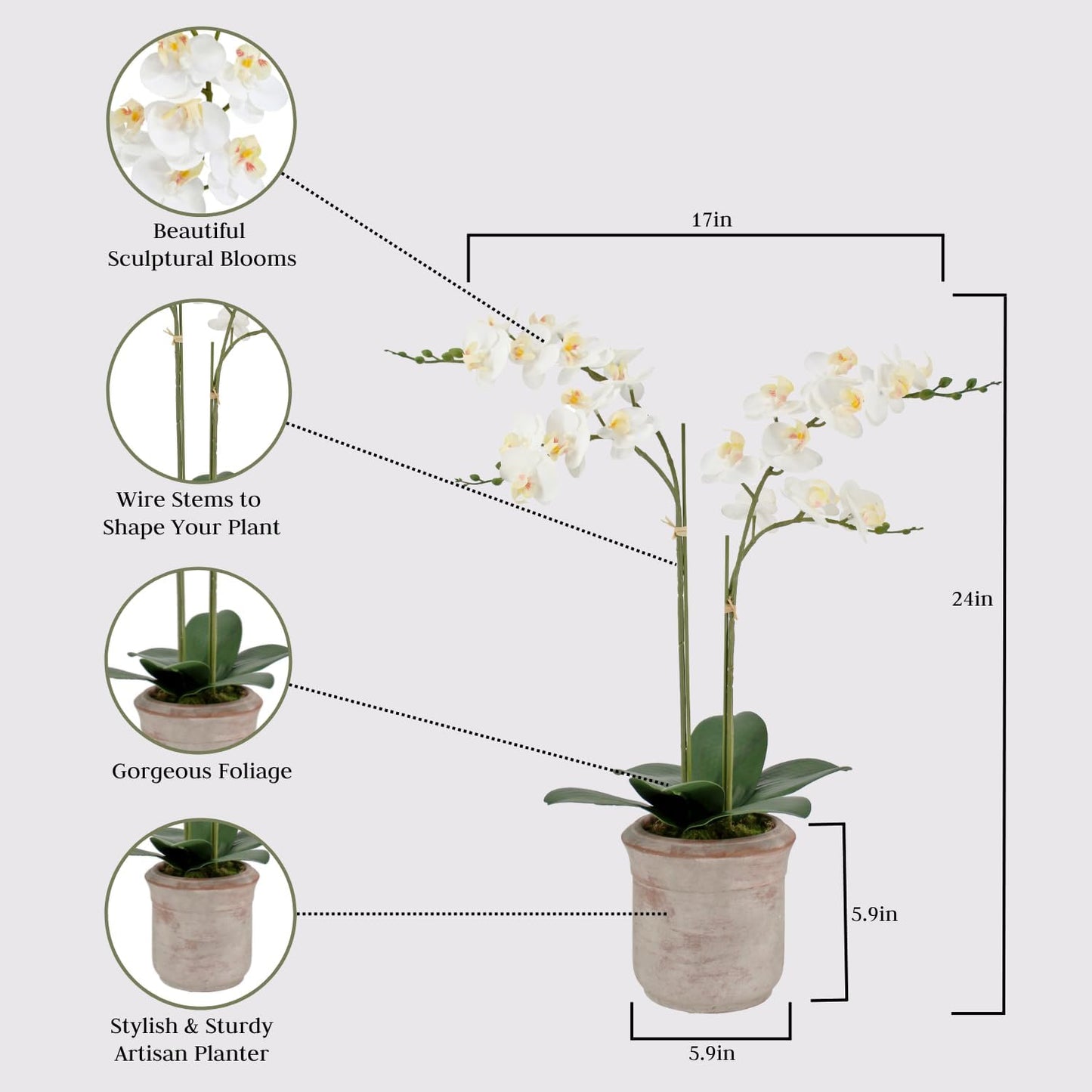 Faux White Orchid Plant, Premium Artificial Indoor Flower Display Stands 24”, Beautiful Sculptural Blooms That Lasts Forever, Grey Planter Pot Included