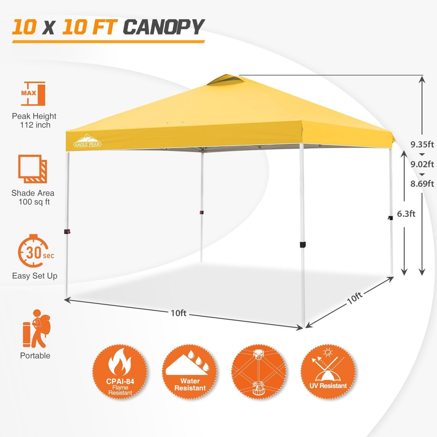 EAGLE PEAK Pop Up Canopy Tent with Wheeled Carry Bag, 8 Stakes, 4 Ropes, 4 Weight Bags, Easy Set Up Tent Canopy, 10x10 ft, 100sqft of Shade, Yellow