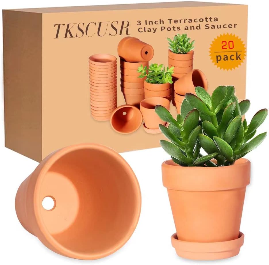 3 Inch Terracotta Pots with Saucer-20 Pack，Cactus Terra Cotta Flower Pot with Drainage，Succulent Nursery Clay Pots Great for Plants,DIY Crafts, Wedding Favor