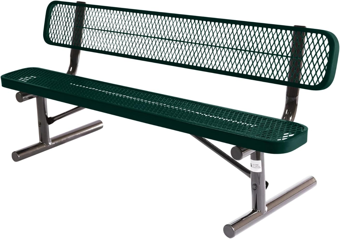 Heavy-Duty Portable Outdoor Bench Thermoplastic Coated, Expanded Metal, Commercial-Grade Seating, Made in America (Portable with Back, 6 Ft, Dark Green)