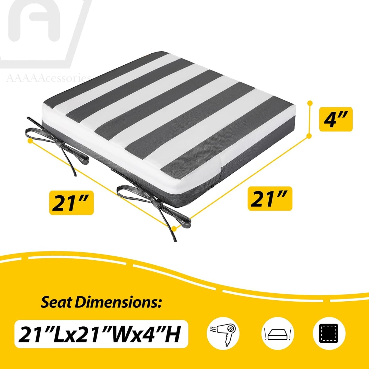 AAAAAcessories Outdoor Seat Cushions for Chairs, Waterproof, Fade-Resistant Patio Furniture Replacement Cushions, 21" x 21" x 4", Set of 2, Gray Cabana Stripe