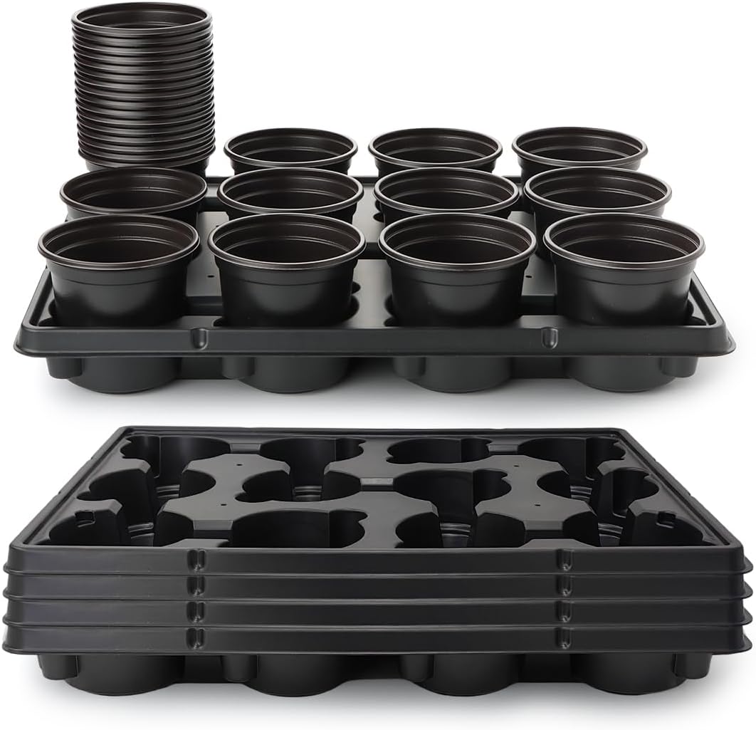 4 Inch Plastic Plant Pots 60 Pcs and 12 Cell Nursery Pots Trays 5 Pcs, Thick Sturdy Seeds Starting Germination Shuttle Carrying Trays, Black Small Planter Nursery Propagation 5 Sets