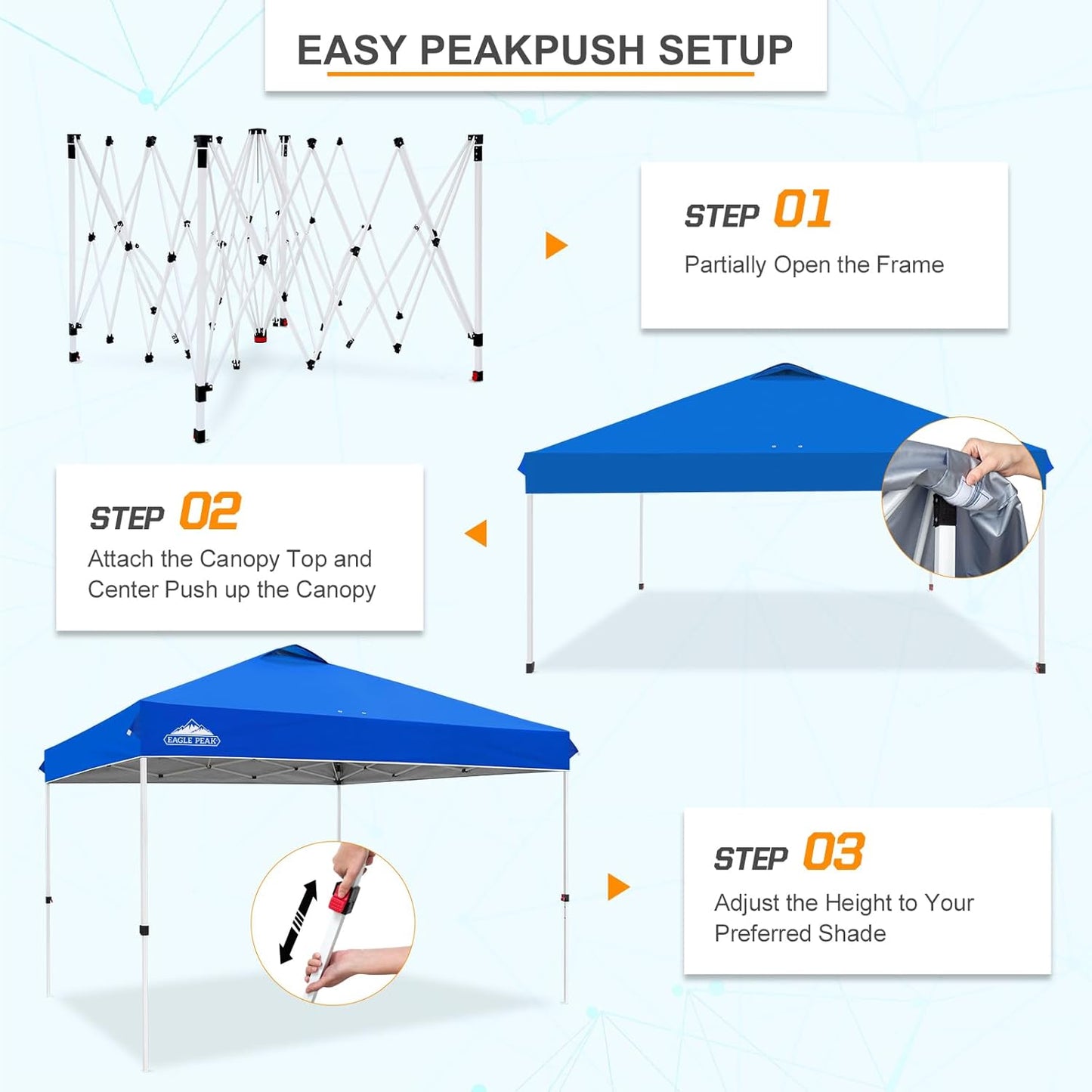 EAGLE PEAK Pop Up Canopy Tent with Wheeled Carry Bag, 8 Stakes, 4 Ropes, 4 Weight Bags, Easy Set Up Tent Canopy, 12x12 ft, 144sqft of Shade, Blue