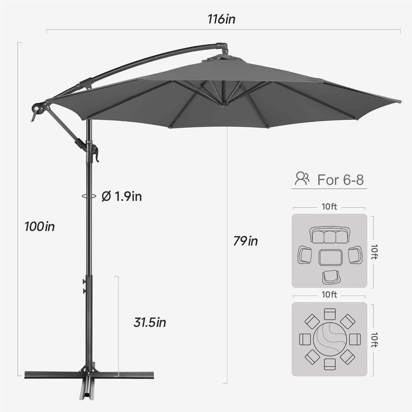 FLAME&SHADE 10ft Cantilever Patio Umbrella Outdoor, Large Offset Umbrella with Crank and Cross Base, UPF 50+ UV Protection Hanging Umbrella for Pool Deck Garden, Anthracite