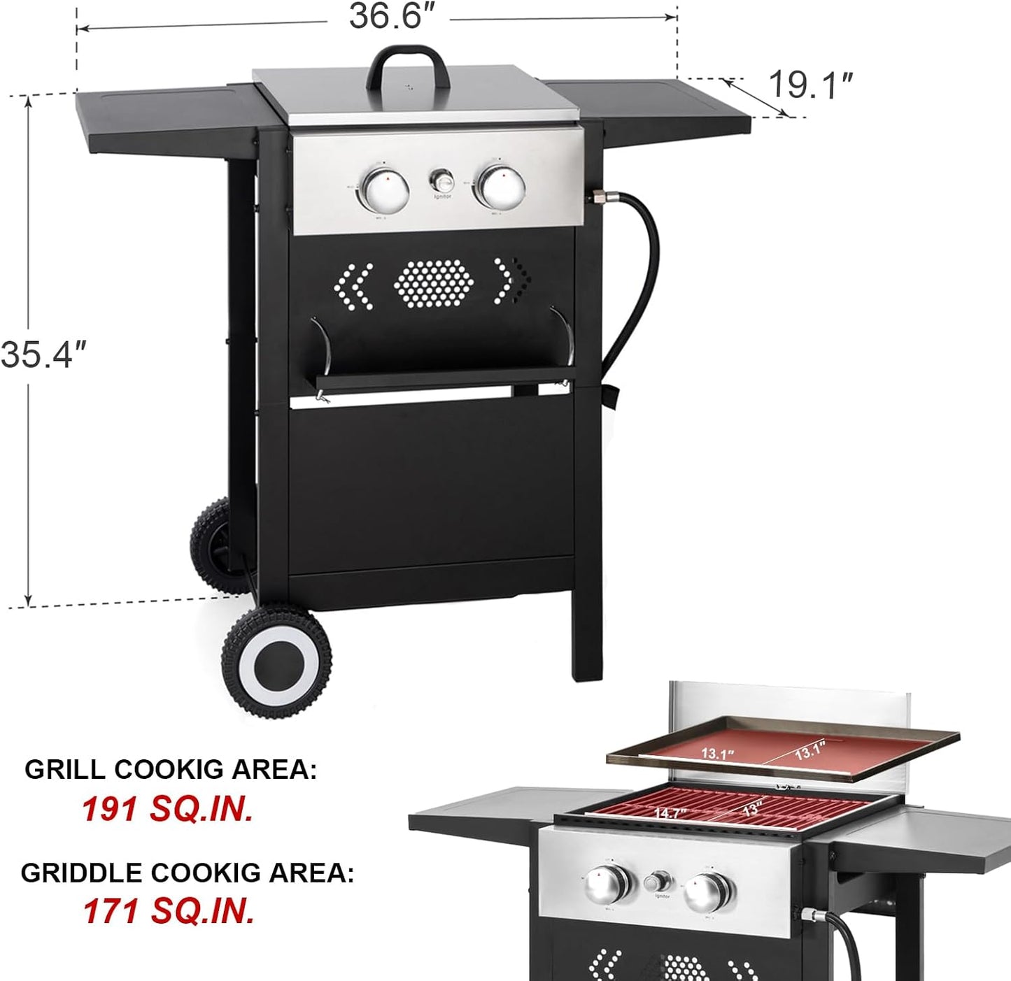 GREEN PARTY 2 Burner Griddle Grill Combo, 2 in 1 Propane Gas BBQ Grill w/Cast Iron Plate, 20,000 BTU Output Small Flat Top Propane Barbecue Grill for Camping, Patio, Backyard, Balcony