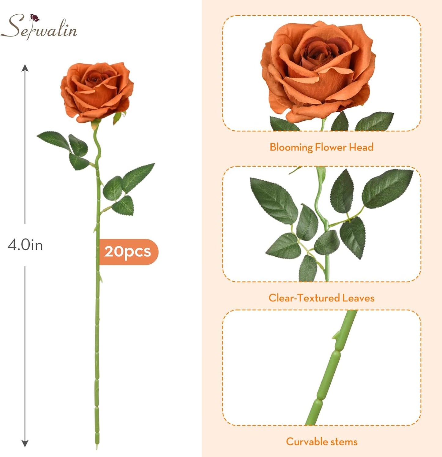 Serwalin 20pcs Artificial Burnt Orange Roses, 4'' Big Flower Head Fake Roses, Velvet Real Touch Roses, Silk Roses Long Stems for Home Decor Wedding Bouquet and Table Centerpiece