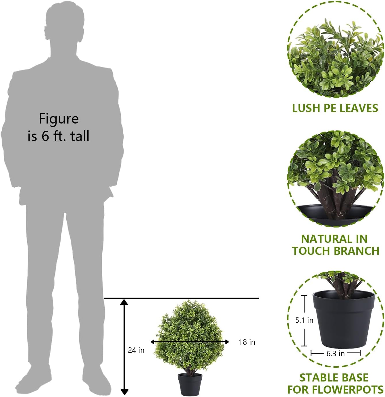 THE BLOOM TIMES 2ft Faux Boxwood Plants Outdoor Set of 2, Topiary Balls Artificial Outside Trees, 24" UV Resistant Fake Greenery Bushes & Shrubs for Front Porch Planter