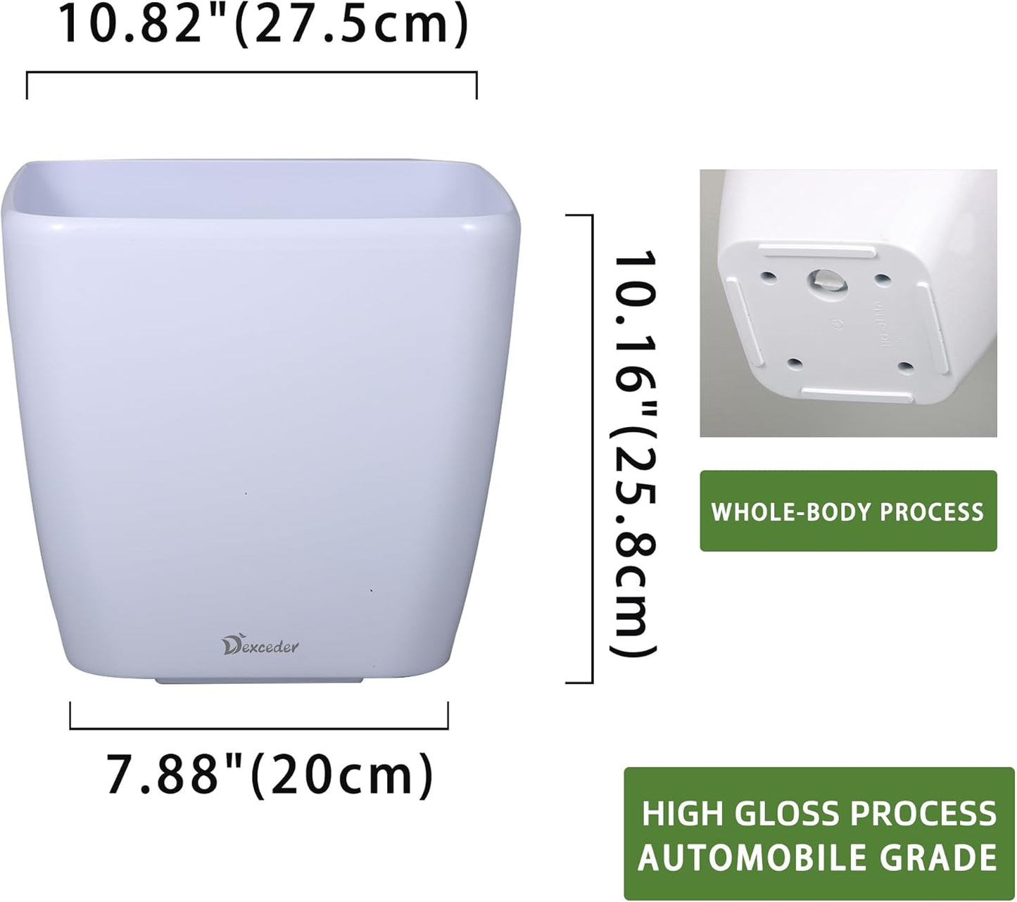 Dexceder 11x10 Self Watering Planter Indoor Outdoor, Inner Mat Design, Thickened Table Flower Plant Pot with Water Level Indicator (White High Gloss)