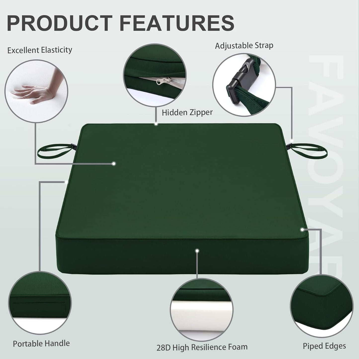 Favoyard Patio Chair Cushions 24 x 24 x 4 Inch Waterproof Outdoor Seat Cushions for Patio Furniture 3-Year Color Fastness Garden Sofa Couch Chair Pads with Handle & Adjustable Straps Set of 2, Green