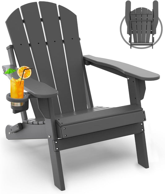 GREENVINES Folding-Adirondack-Chair | HDPE Plastic | Fire Pit Chairs | All Weather | Cup Holder | Grey | for Deck Backyard Patio Outdoor Garden