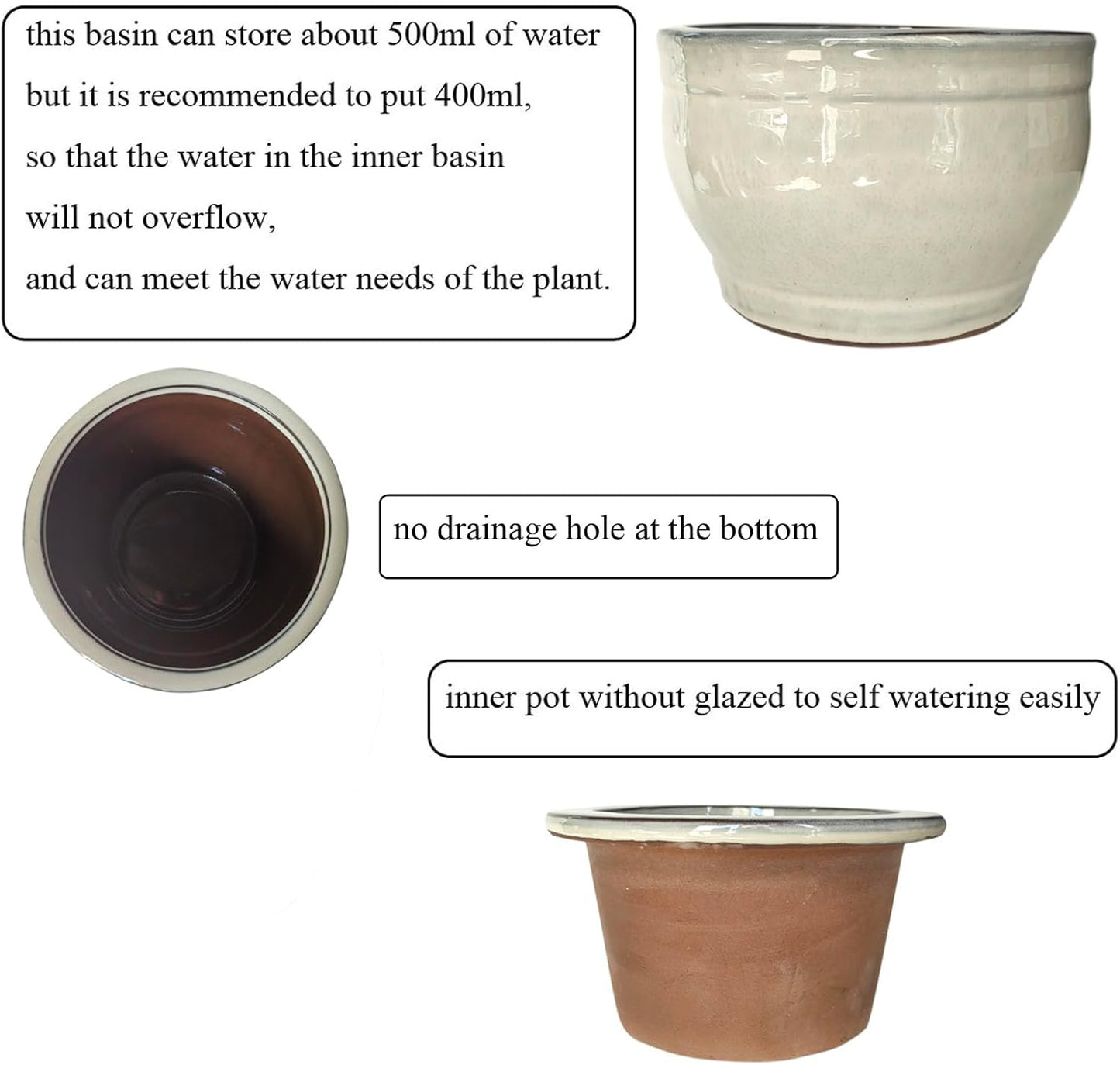 African Violet Pots Self Watering Round Ceramic Violet Pot (White, 6 inch)