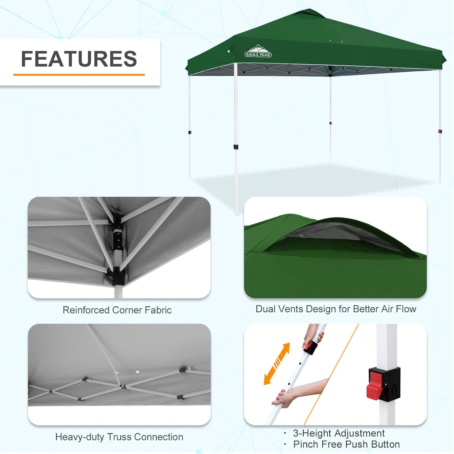 EAGLE PEAK Pop Up Canopy Tent with Wheeled Carry Bag, 8 Stakes, 4 Ropes, 4 Weight Bags, Easy Set Up Tent Canopy, 12x12 ft, 144sqft of Shade, Green