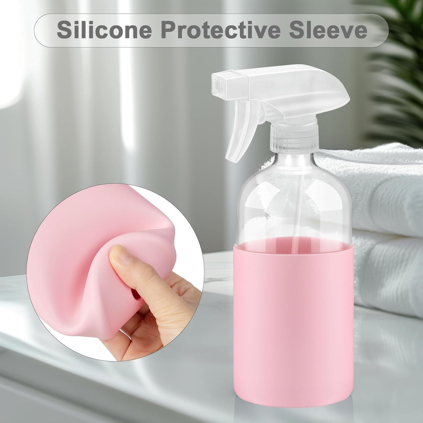 2 Pack Glass Spray Bottles with Silicone Sleeve, 16 oz Empty Refillable Containers with Adjustable Spray Nozzles, Spray Bottles for Hair, Cleaning Solutions and Plants Pink&khaki