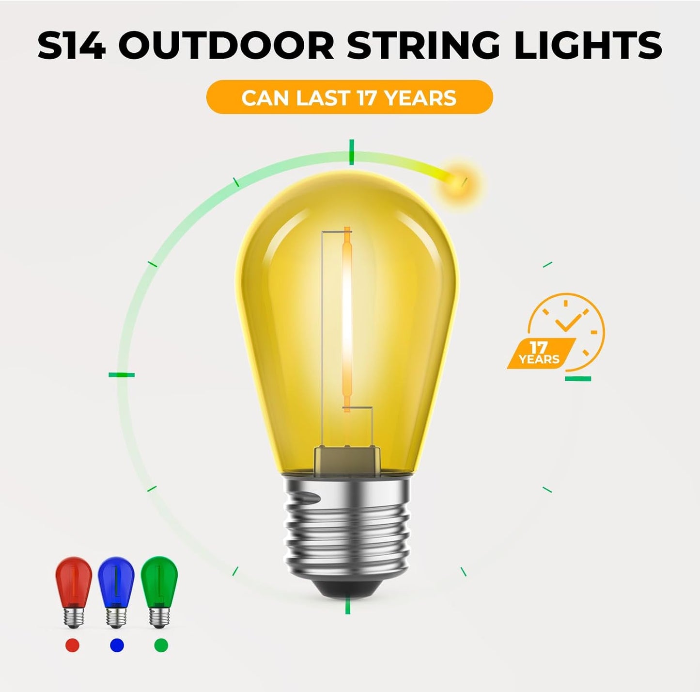 15 Pack S14 Colored LED String Light Bulbs, 1W Plastic Shatterproof Replacement Bulbs for Outdoor Patio Backyard Lights, E26 Medium Base, Dimmable, Warm White 2200K, Red/Green