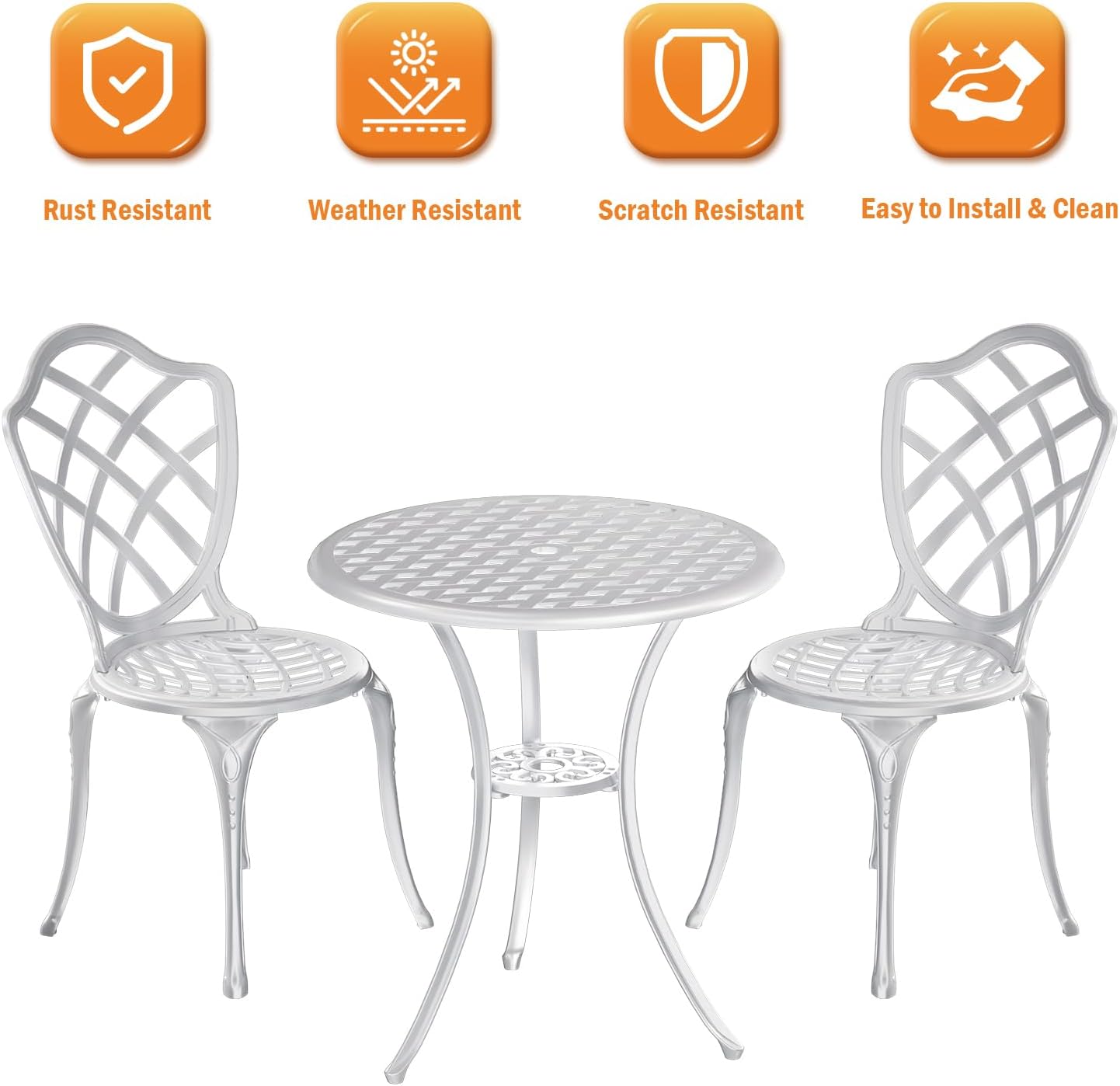 3 Piece Patio Bistro Set, Outdoor Bistro Table and Chairs Set of 2 w/Umbrella Hole, Rust-Resistant Cast Aluminum Bistro Set for Garden/Balcony/Backyard, White