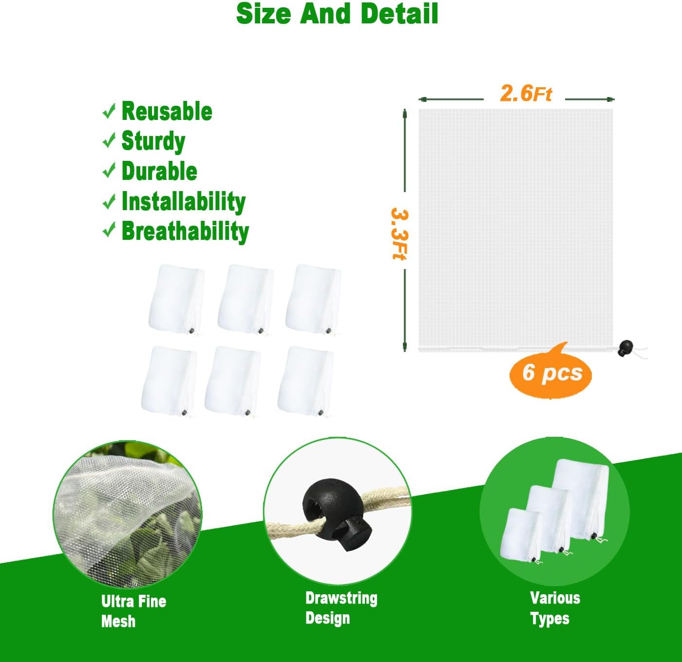 Garden Plant Covers Bags with Drawstring, 6 Pack, 3.3x2.6Ft Mesh Plant Covers, Insect Bird Barrier Mesh, for Trees & Shrubs &Garden Plant Protection