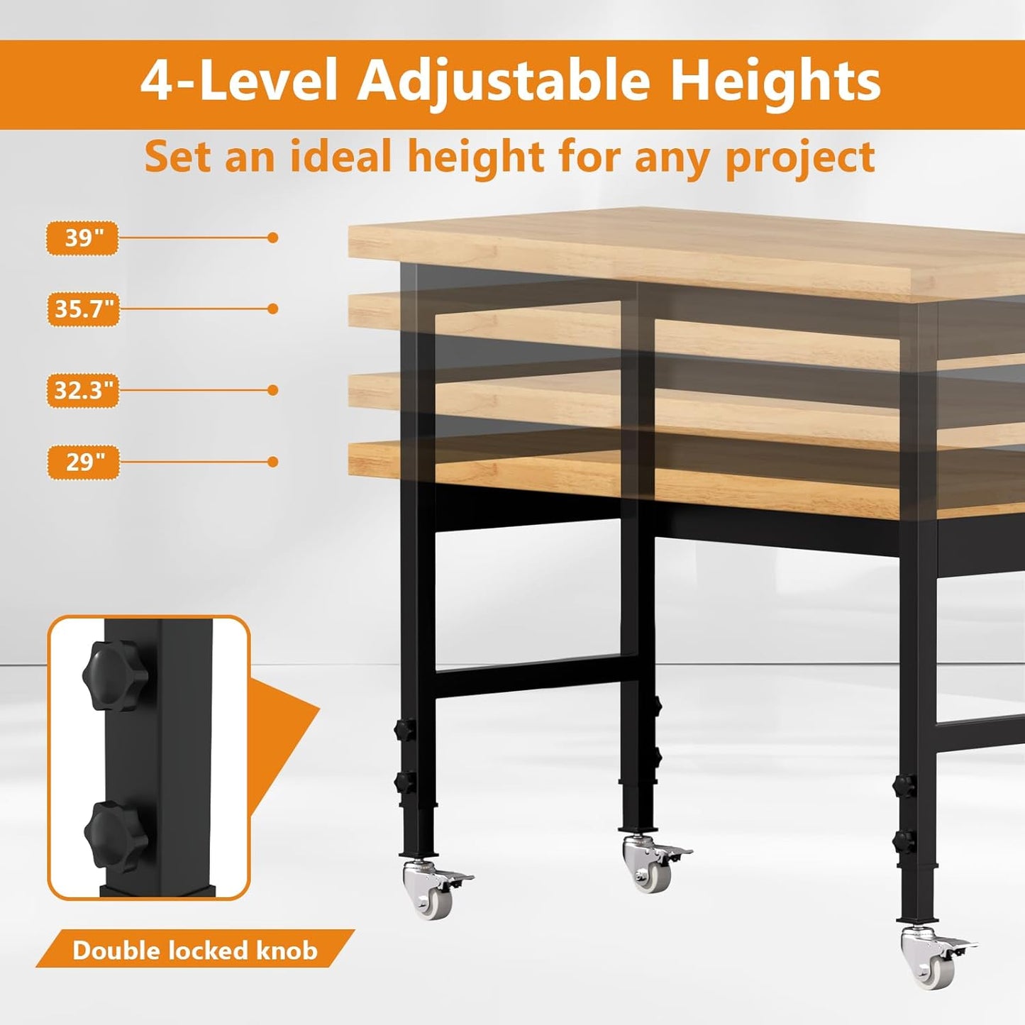48" Work Bench, Heavy-Duty Solid Wood Workbench, Adjustable Height Work Table, 2000 LBS Capacity Workstation for Garage, Workshop, Home, Office (48" X 24")