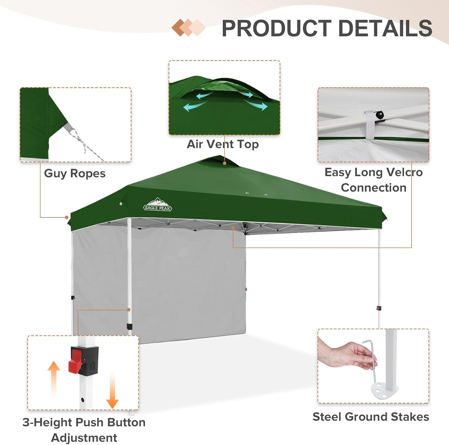 EAGLE PEAK Pop Up Canopy Tent with 1 Sidewall, Easy Setup Event Tent, Outdoor Sun Shade, Wheeled Carry Bag, Stakes and Guy Ropes, Instant Canopy 12x12, Green