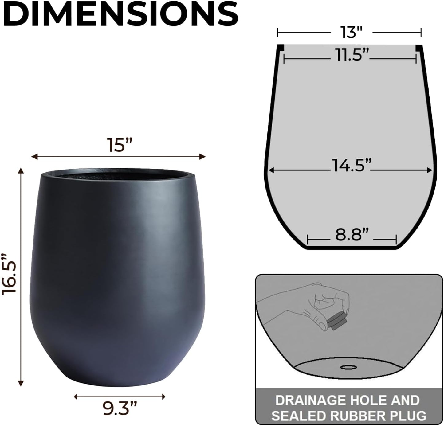 16.5" H x 15" D Corso Fiberstone Round Tapered Planter with Drainage Hole, Smooth Finishes, Weather Resistant for Indoor & Outdoor Use, Included 2 Extra Coco Mats (Black, 11.5" Pot Opening)