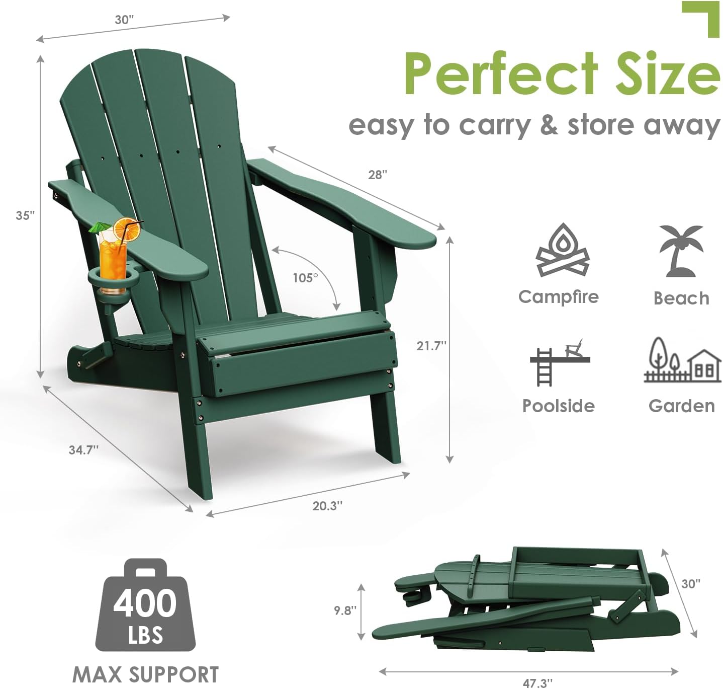 GREENVINES Folding-Adirondack-Chairs-Set-of-2 | HDPE Plastic | Fire Pit Chair | All Weather | Cup Holder | Forest | for Deck Backyard Patio Outdoor Garden