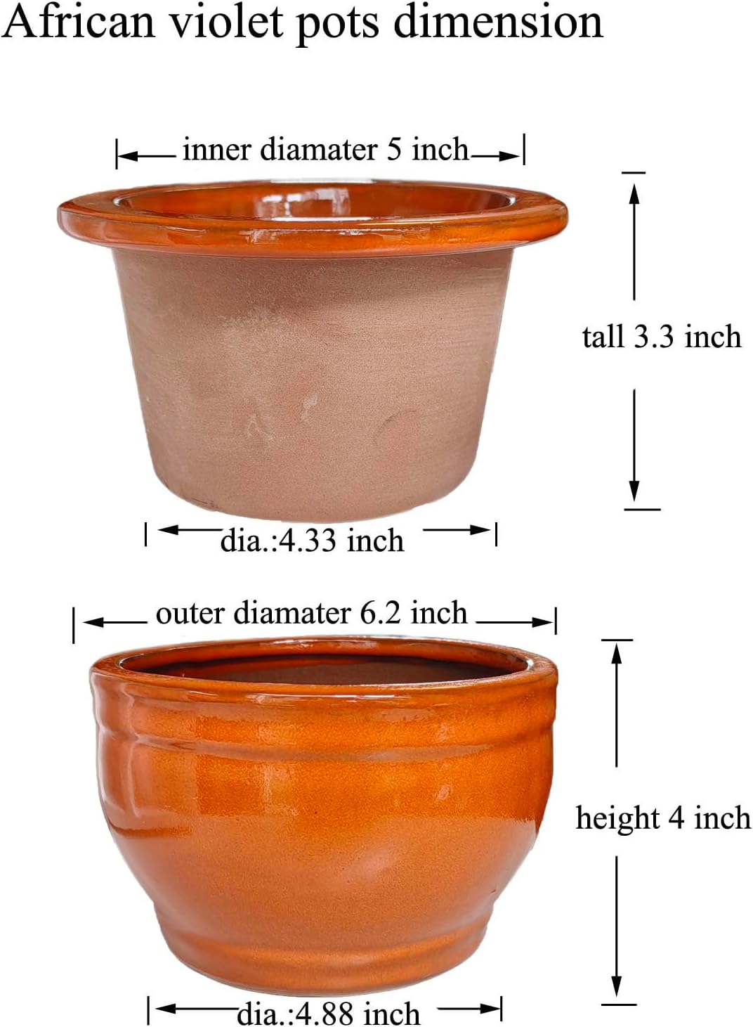African Violet Pots Self Watering Round Ceramic Violet Pot (Orange, 6 inch)