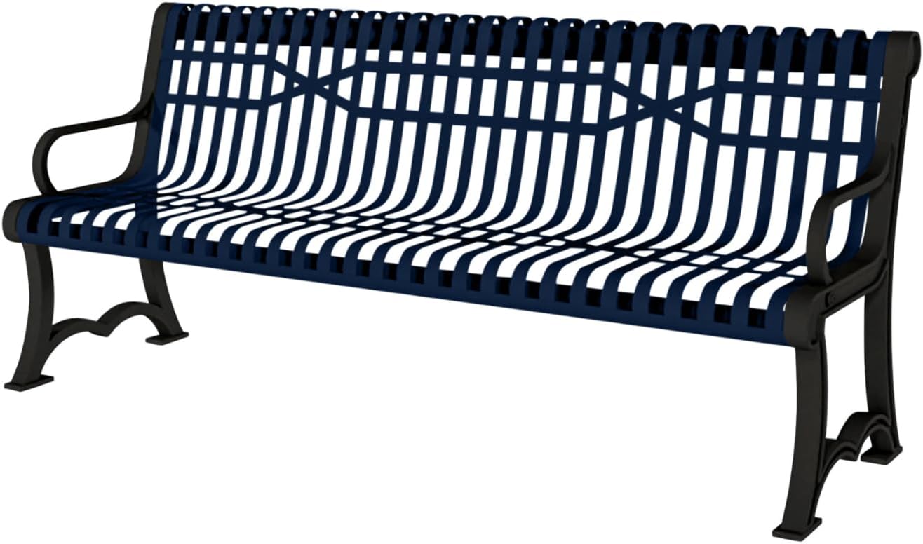 Heavy-Duty Outdoor Bench Thermoplastic Coated, Slatted Steel, Commercial-Grade Garden Bench, Made in America (Portable with Back, 4 Ft, Textured Dark Blue)