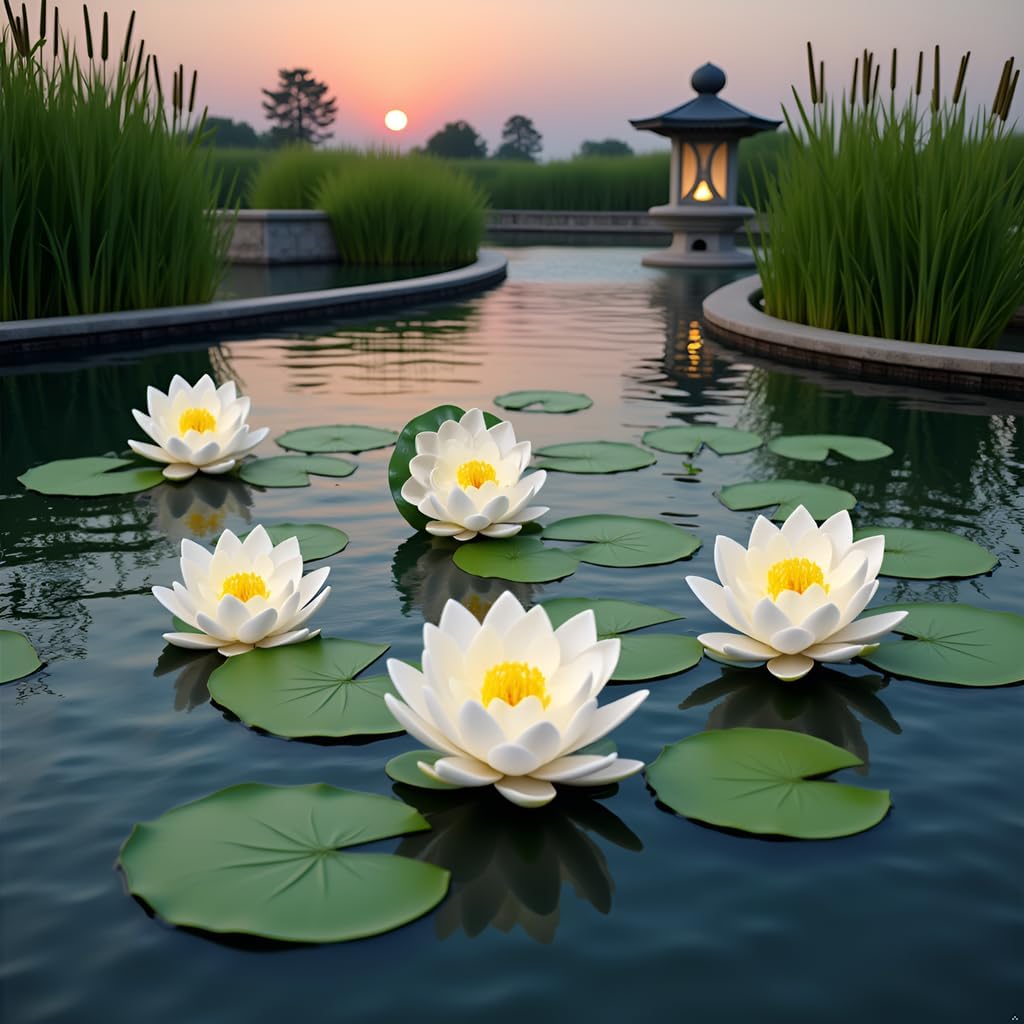 6 Pcs White Artificial Lotus Flowers Large Floating Lotus Flowers Faux Flowers Water Lily Flowers Fish Pond Plants with Artificial Lily Pads, Home Decor Flowers