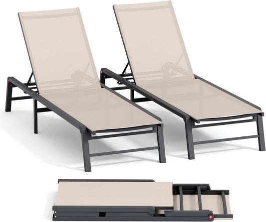 Aluminum Chaise Lounge Chair Outdoor, Foldable Patio Lounge Chair 2 Sets Assemble-Free, Pool Lounge Chairs with 5 Adjustable Backrest, Outdoor Lounge Chairs for Outside Poolside Beach Lawn Beige