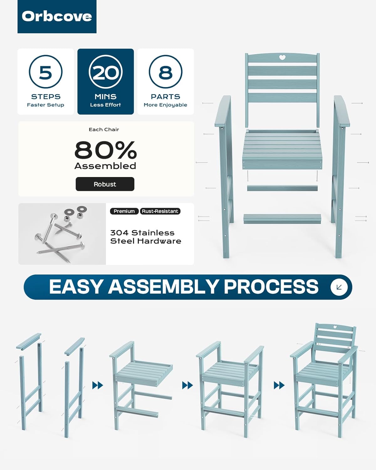 3-Piece Bar Height Outdoor Table and Chairs Set, HDPE Wood Grain Patio Bar Table and Chairs with Heart Cutout Design, Weather-Resistant Bar Height Furniture for Deck, Porch, Pool (Light Blue)