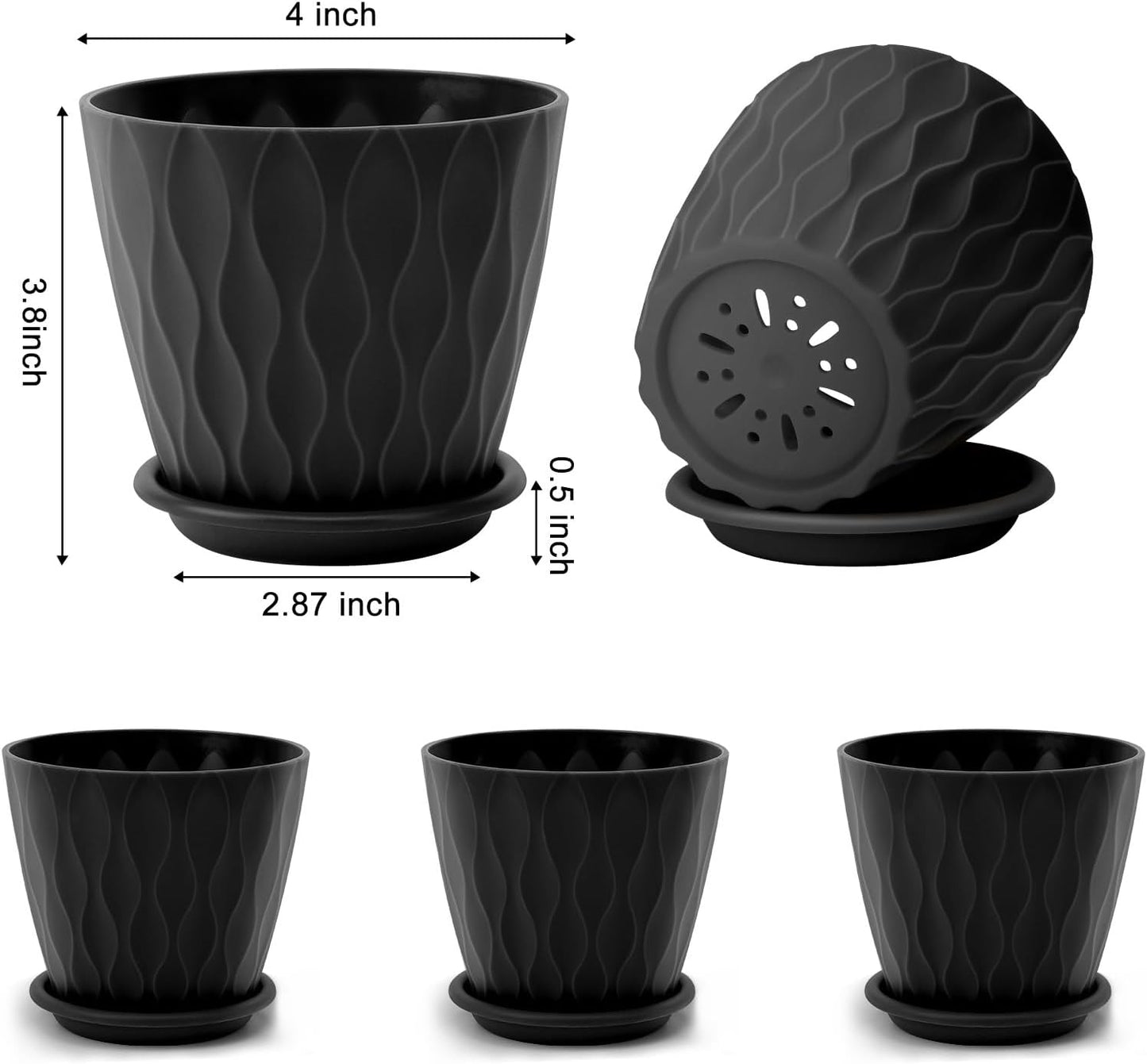 4 inch Plant Pots, 5 Pack Flower Pots Outdoor Indoor, Planters with Drainage Holes and Tray Saucers(Black)