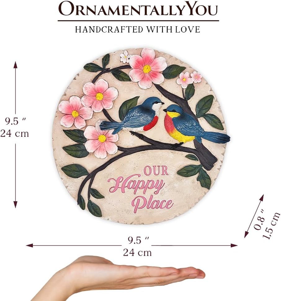 Elegant Resin Stepping Stone, Outdoor Garden Pathway Decoration (Blossoming Songbirds Positivity Stepping Stone, 9.5" Happiness Garden Decoration and Support Gift)