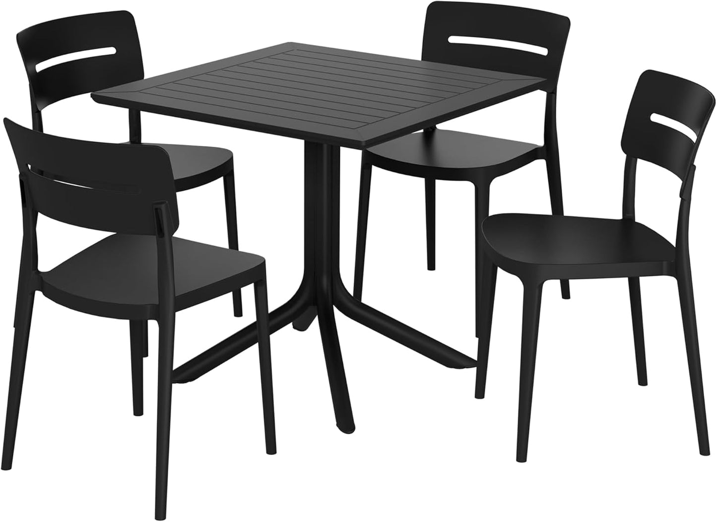 5-Piece Outdoor Dining Set, HDPE Patio Square Bistro Table and Stackable Chairs Sets for 4, Patio Furniture All Weather for Backyard Poolside, Black