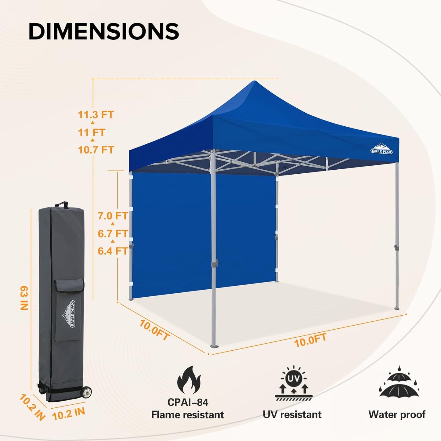 EAGLE PEAK 10x10 Heavy Duty Pop up Commercial Canopy Tent with One Removable Sidewall, Instant Sun Shelter with Roller Bag, 4 Sandbags, Blue
