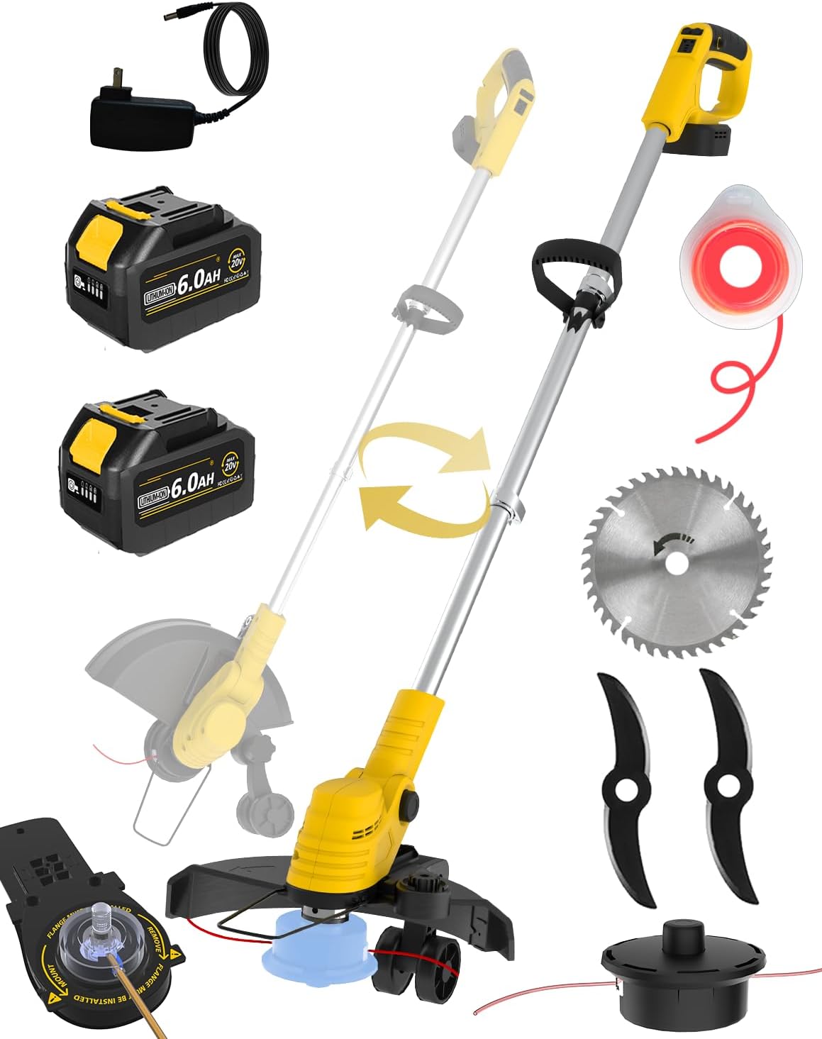 20000 RPM(6.0AhX2) Electric Weed Wacker,Dual-Durable-Line,Metal Blades,Wheel,4-in-1 Battery Powered Weed Eater Cordless+String Trimmer+Edger Lawn Tool+Brush Cutter,Weed Whacker