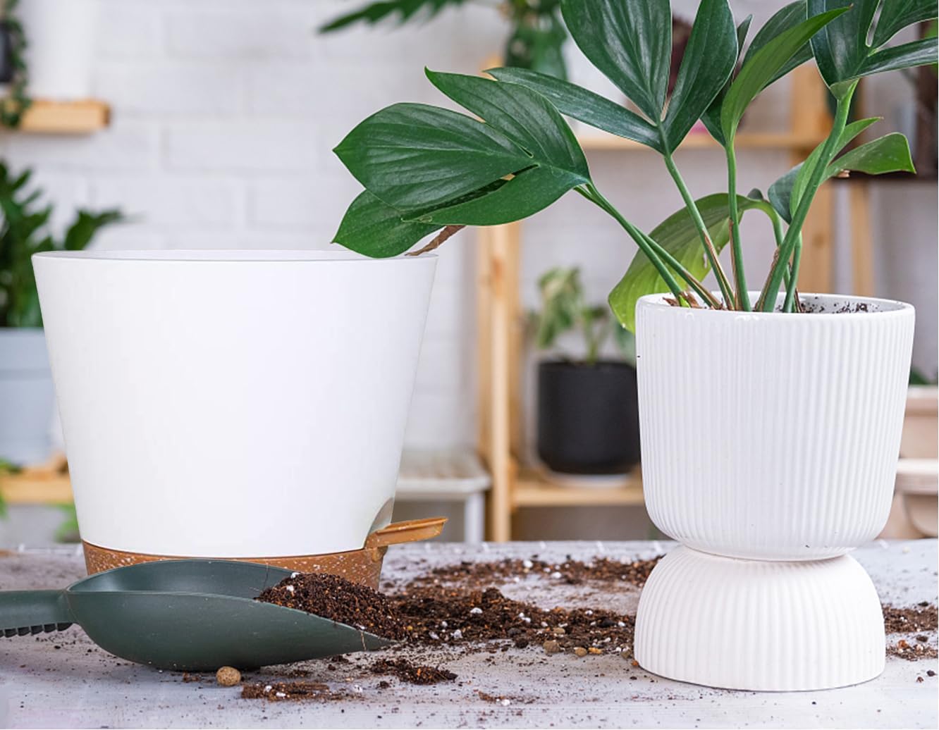 12+12Inch 2Pack Large Flower Pots for Indoor/Outdoor Plants,Self Watering Planters with Reservoir and Drainage Hole White Plastic Planting Pots Modern Home Decor Gift Idea