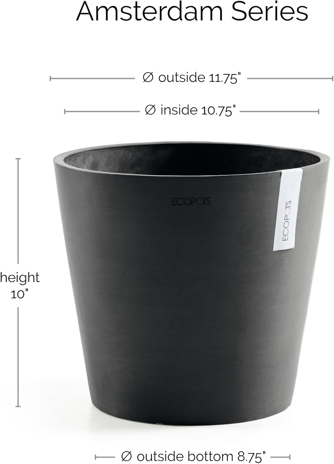 Ecopots Amsterdam Durable Modern Round Indoor/Outdoor Recycled-Based Composite Flower Pot Planter, Dark Grey, 12"
