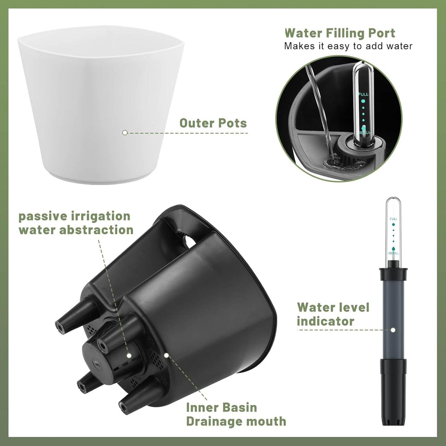 7 inch Plant Pots 3-Pack, Self Watering Flower Pots Indoor Outdoor, African Violet Pots Planters with Drainage Hole Saucer Reservoir, White