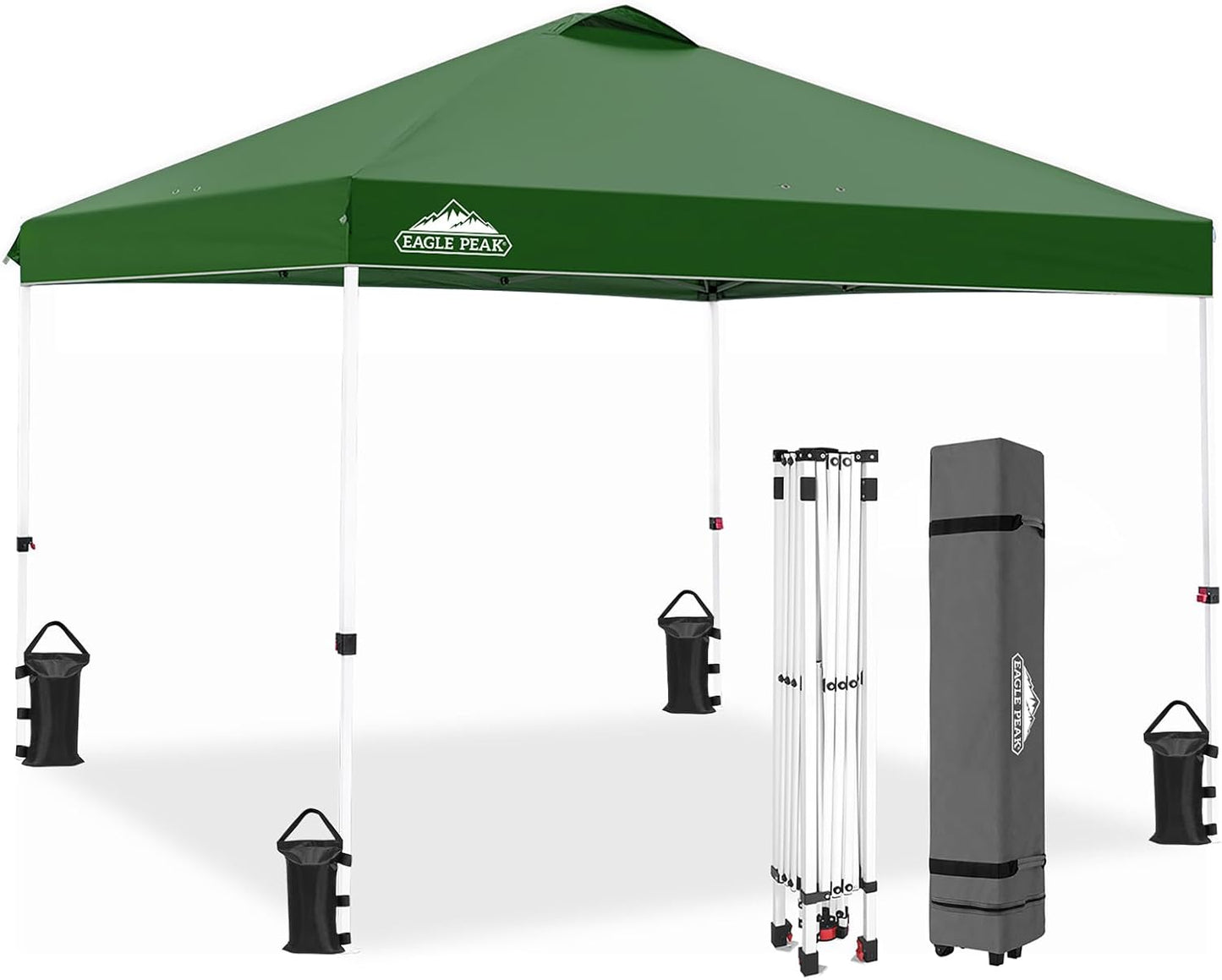 EAGLE PEAK Pop Up Canopy Tent with Wheeled Carry Bag, 8 Stakes, 4 Ropes, 4 Weight Bags, Easy Set Up Tent Canopy, 10x10 ft, 100sqft of Shade, Green