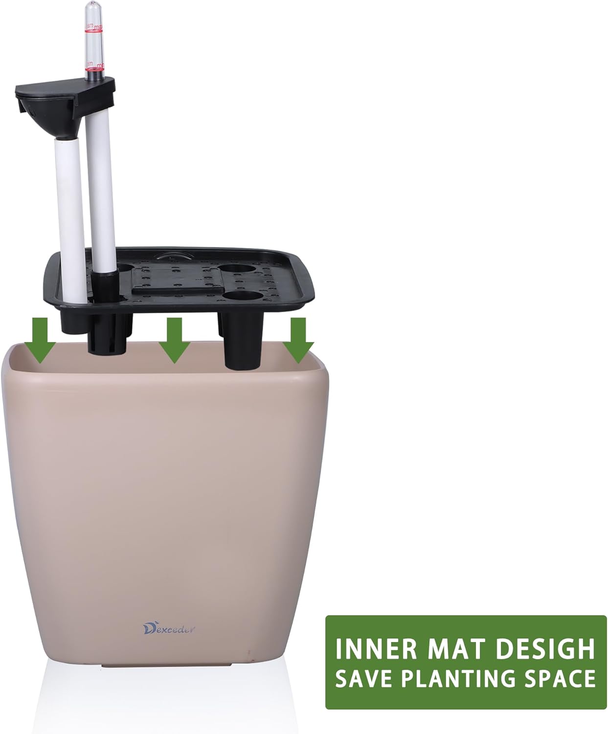 Dexceder 18x17 Self Watering Planter with Wheels Indoor Outdoor, Inner Mat Design, Thickened Large Floor Standing Flower Plant Pot with Water Level Indicator (Taupe Matte)